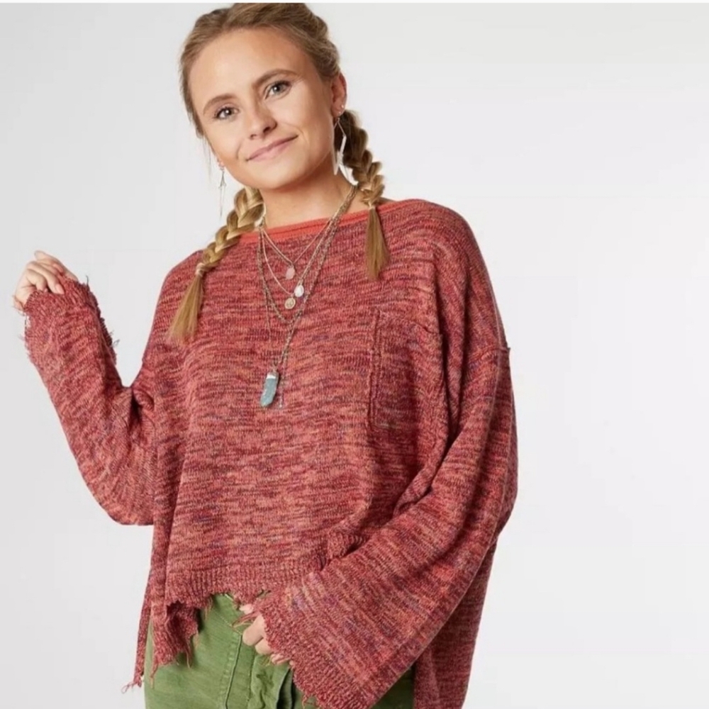 Free People boho coral combo cotton linen viscose blend oversized pullover sz S